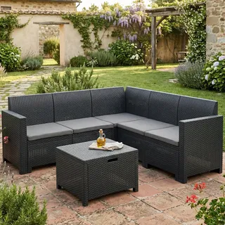 Dmora - Loungeset für draußen Eris, Outdoor-Lounge mit Couchtisch, Terrassenset mit Kissen, Gartenkomposition mit Sofa und Sesseln, Made in Italy, Anthrazit