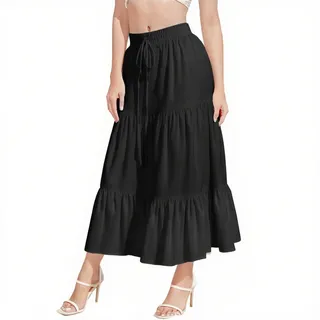 DiULi Rock Damen, Elegant Lang Röcke Hohe mit Elastic Waistband, Hohe Taille A-Linie Sommer Maxirock, Einfarbig Casual Skirt für Lässige Strandszenen, Schwarz XL