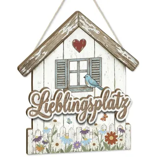Putuo Decor Wanddeko “Lieblingsplatz“ Hausmotiv mit Herz Fensterladen Blumenzaun, mehrlagiges Dekoschild für Eingang Flur Wohnzimmer Küche, Landhaus Stil Deko für Gartenhaus Wintergarten Terrasse