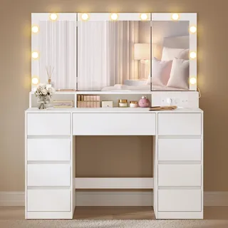 VASAGLE Schminktisch mit Spiegel und LED-Leuchten, 9 Schubladen | Steckdosenleiste, 3-teiliger Spiegel, 3 Lichtfarben, werkzeuglose Gleitschienen, KAILYN Kollektion RDT146WB01