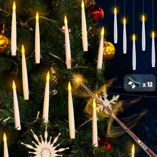 Rhytsing 12er schwebende LED Kerzen mit Zauberstab für Halloween Deko, LED Christbaumkerzen Kabellos mit Timer und 12 Klammern inklusive -H 15,5cm
