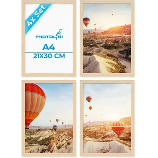 PHOTOLINI Bilderrahmen A4 Natur Holz MDF, 4er Set DIN A4 21x30 cm Rahmen | Foto Rahmen 21 x 30 mit bruchsicherem Acrylglas, picture frame zum Aufhängen & Aufstellen, Bilderrahmen Collage 30x21 Poster
