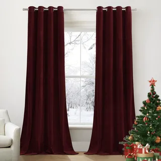 PONY DANCE Samt Gardinen Wohnzimmer Weihnachten Deko Thermovorhang mit Ösen 2er Set Verdunkelde Vorhänge Samt Thermogardine Kälteschutz Velvet Curtains for Living Room, H 260 x B 132 cm, Rot