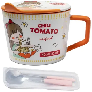 Lachineuse - Instant-Nudel-Schale – japanische Ramen-Schale & chinesische Nudeln mit Besteck & Deckel – Frühstücksschale, Suppe, Reis – Geschenkidee Asiatisch, Japan China, Cup Nudeln – Orange