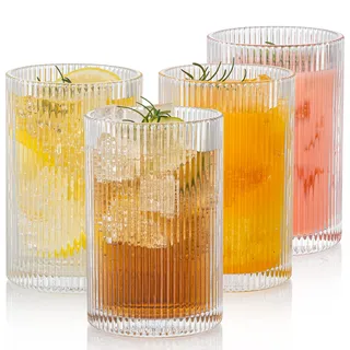 POLIDREAM Geriffelte Gläser 4er Set, 500ml Vintage Cocktailgläser, Romantische Kaffeetassen Origami-Stil Glasbecher, Trinkgläser Set ideal für Mojito Gläser, Biergläser & Kaffeeglas