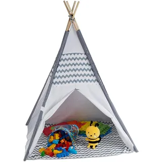 Relaxdays Tipi Zelt für Kinder, mit Boden, Kinderzimmer Zelt, Wigwam Kinderzelt, HxBxT: 150 x 120 x 120 cm, weiß-grau