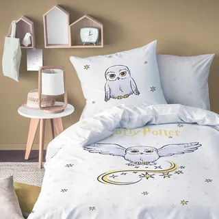 MTOnlinehandel Harry Potter Bettwäsche 135x200 + 80x80 - Eule Hedwig - Fanartikel für Kinder und Teenager, 100% Baumwolle, Weiß