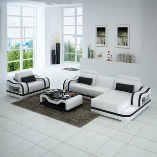 Ledersofa Couch Wohnlandschaft Ecksofa + Sessel  Eck Garnitur Modern Sofa G8030E