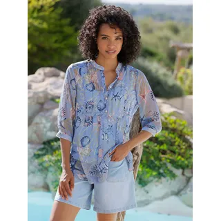 Longbluse HEINE, Damen, Gr. 36, eisblau, sand, bedruckt, 100% Polyester, bedruckt, gemustert, mehrfarbig, Rundhals, Blusen Longbluse