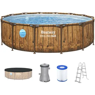Bestway Steel Pro MAX Frame Pool Komplett-Set, Ø 427 x 107 cm, Holz-Optik, 13.030 Liter, TriTech-Material, Splashview Bullaugen, Filterpumpe, Sicherheitsleiter, Abdeckplane, Kieselmosaik-Boden