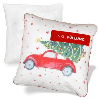 NOAH VERDE Zierkissen-Weihnachten VW Käfer Auto mit Weihnachtsbaum, Kissen 45x45, Dekokissen mit Füllung und Bezug, Weihnachtskissen, Sofa-Kissenbezug-Winter, Zierkissen & -Hüllen, Wohnzimmer-Deko