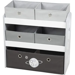 roba Spielregal Rakete - Spielzeugregal für Kinderzimmer mit 5 Boxen aus Stoff - mit Weltraum Motiv - Aufbewahrungsregal für Jungen und Mädchen - Holz weiß