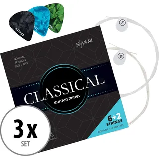 Shaman Classical Saiten für Konzert-Gitarre inkl. 2 Ersatzsaiten und 3 Plektren 3x Set