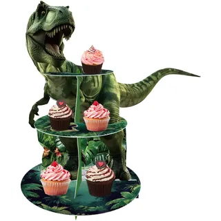 QiLumier Dinosaurier Kuchenständer,Tyrannosaurus Rex 3 Etagen Cupcake Ständer Dessert Turm Halter Muffinständer Partyzubehör für Hochzeit Geburtstag Party Kuchen Brötchen Torten Etagere