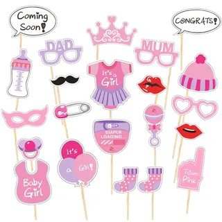 Babyparty Fotorequisiten Mädchen - Baby Shower Fotoaccessoires, Rosa Masken, Neugeborene Foto Stützen, Photo Booth Props fur Baby Party. Babydusche Photobooth Stützen