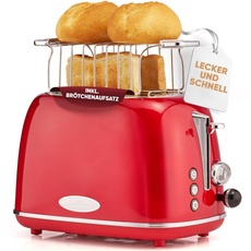 ProfiCook® Toaster im stilvollen Vintage-Design | Toaster 2 Scheiben mit Wide-Slot (extra breite Toastschlitze) und massivem Metallgehäuse | Retro Toaster mit Brötchenaufsatz | PC TA 1193 rot