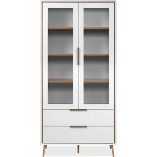 CALICOSY - Hohes Sideboard mit 2 Glastüren, 2 Schubladen und 6 Einlegeböden innen, 90 cm – ARONA - Weiß