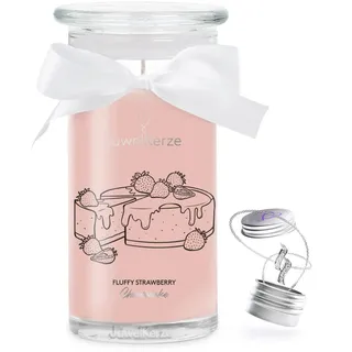 JuwelKerze Fluffy Strawberry Cheesecake Halskette Silber - Schmuckkerze 80 Std - große Duftkerze mit Gourmandem Duft - hellrosae Kerze mit Schmuck Überraschung - Geschenke für Frauen, Geburtstag