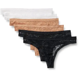Amazon Essentials Damen Tanga aus Elastischer Spitze, 6er-Pack, Gewaschene Bronze/Schwarz/Weiß, 36