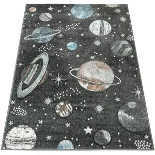 AKCILA Lima Kinderteppich Grau Creme mit Planeten und Sternen 180x270 cm | weicher moderner Teppich für Kinderzimmer, Weltraum Nachthimmel Galaxie Design
