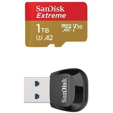 SanDisk Extreme microSDXC 1TB + SD Adapter + Rescue Pro Deluxe 160MB/s A2 C10 V30 UHS-I U3 + USB 3.0 microSD/microSDHC/microSDXC UHS-I Reader/Writer to Support Enhanced Transfer speeds