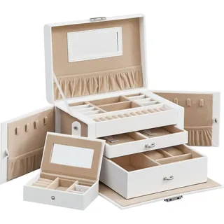 Songmics Schmuckkästchen Bridie mit 2 Schubladen Abschließbar Weiß-Beige