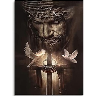 Christlicher Jesus, Löwe, Leinwandbild, Jesus und das Kreuz und die Friedenstaube, Wanddekoration, Jesus, Kunstwerk, Poster für Zimmer, fertig zum Aufhängen, 30 x 40 cm