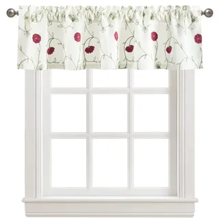 VOGOL Rosa Blumen Landhausstil Volants, 132,1 x 30,5 cm Leinen strukturierte Küchengardine mit Stangentasche, Blendschutz Kleine Gardine für Esszimmer, 1 Stück