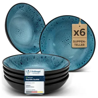 Twinzee Geschirrset 6-teilig aus Steinzeug - Teller Set 6 Tiefe Teller Azur für 6 Personen - Mikrowellen - Riviera Kollektion