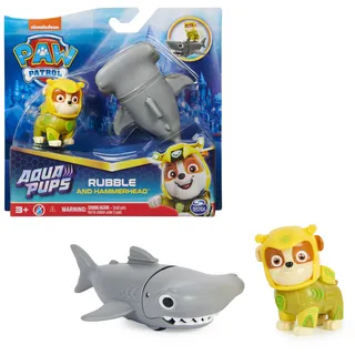 Paw Patrol Paw Patrol, Aqua Pups - Hero Pups Actionfiguren-Set mit 1 Rubble Welpenfigur und 1 Hammerhai Figur