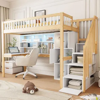 Flieks Etagenbett 90x200cm mit Schreibtisch & Regal, Hochbett mit LED & Schrank, Kinderbett Jugendbett mit Schubladen, Stockbett Einzelbett Holzfarbe - Naturbelassen