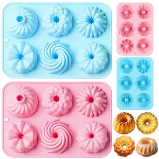 Poraceous 2 Stück Mini Silikon Gugelhupfform, 6 Mulden Cake Pan, Wiederverwendbar Kuchenform Klein Savarin Form, Gugelhupf Backform, Antihaftbeschichted Backformen für Kekse, Bagels, Muffins