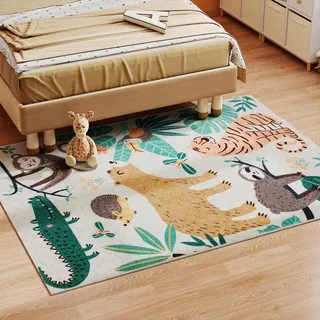 Homcom Teppich Anti-Rutsch Wohnzimmerteppich Kurzflor mit Dschungel-Muster, Fleece-Optik, Landhaus-Design Flächenteppich für Wohnzimmer Terrasse Balkon Küche, 160 x 120cm, Mehrfarbig