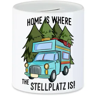 Hey!Print Camping Tasse mit Spruch Home is Where The Stellplatz is Geschenk für Camper Wohnmobil Adventure Womo Spardose
