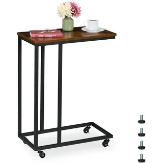 Relaxdays Beistelltisch C-Form, HBT 79x60x30 cm, Rollen, Sesseltisch zum Unterschieben, Industrial-Design, braun/schwarz