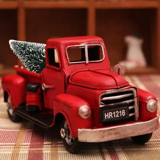 Ooscy Pick-Up Truck mit Weihnachtsbaum Rot - Handbemalte Glas Weihnachtskugel - Mundgeblasen Weihnachtsbaum Dekoration Figuren Lustige Dekoration Anhänger Baumkugel
