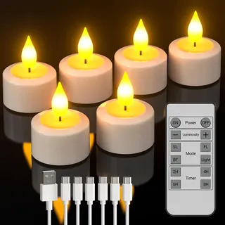 SoulBay 6 Stück Wiederaufladbare Teelichter Flackernd mit Fernbedienung und Timer, LED Teelichter Aufladbar Kerzen mit USB-C Kabel für Zimmer Wohnzimmer Saisonale Halloween Weihnachten Deko