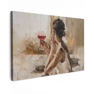 MuchoWow Leinwandbild Ölgemälde - Frau - Wein XXL 150x100 cm , Hellbraun , Textil , Kiefer , Rechteckig , 150x100 cm , FSC 100% , gerahmt , Bilder & Rahmen, Bilder, Leinwandbilder