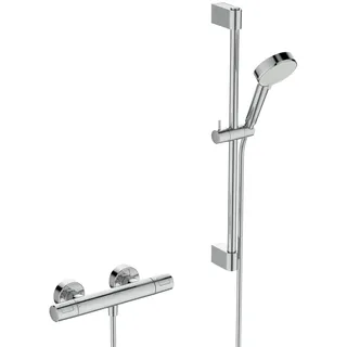 Ideal Standard Ceratherm T25 N Duscharmatur Paket, Wassersparende Eco Brause mit variablen Strahlarten (6 l/min), inklusive Thermostat mit Verbrühschutz und Duschstange (600 mm) – Chrom