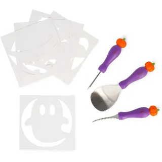 Legami - Kürbis Schnitzset Halloween, 8 Teile, Kreative Schnitzwerkzeuge, DIY Werkzeuge, Kürbisaushöhlung Set, Messer, Löffel, Stechahle, 5 Schablonen inklusive