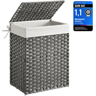 Songmics Wäschekorb, Wäschesammler 90 L, Wäschebox aus synthetischem Rattan, mit Deckel und Griffen, geflochten, faltbar, herausnehmbarer Wäschesack, taubengrau LCB51WG