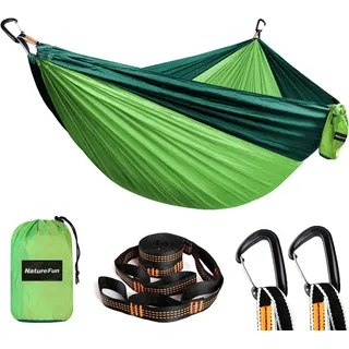 NATUREFUN Ultraleichte Reise Camping Hängematte | 300kg Tragkraft (300 x 200 cm) Atmungsaktiv, Schnelltrocknendes Fallschirm Nylon | 2 x Premium Karabiner, 2 x Nylon-Schlingen Inbegriffen | Draußen