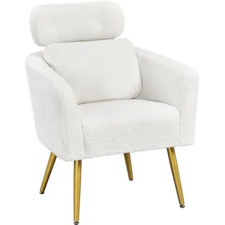 Yaheetech Loungesessel aus Bouclé-Gewebe Sessel Polstersessel mit höhenverstellbarer Kopfstütze Fernsehsessel mit Metallbeinen für Wohnzimmer/Büro Weiß