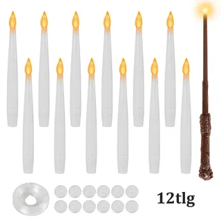 Ikodm LED Kerzen 12 Stück mit Zauberstab, 6H Timer und 3 Lichtmodi, flammenlose Kerzen für Weihnachten Halloween - Weiß