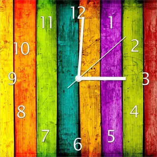 Wallario Design Wanduhr Buntes Holz - bunte Streifen mit Farbe und Holzstruktur aus Echtglas, Größe 30 x 30 cm - Gelb