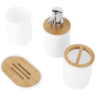 4-teiliges Bambus-Badezimmer Accessoires Set, Komplette Bad-Zubehör-Sets Inklusive Zahnbürstenhalter, Seifenschale, Lotionspender und Mundspülbecher, Tolles -Zubehör-Set