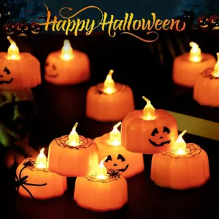 Litake Kerzen Kürbis, 12 Pcs LED Teelichter Kürbis, 3D Flammenlose Flackern Halloween Deko LED Kerze, Kerze Pumpkin Licht, Batteriebetriebene Kürbiskerzen Deko für Ostern Halloween Party