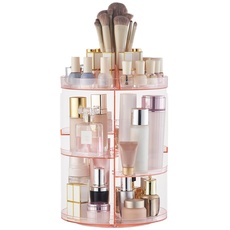 SUNFICON Rotating Makeup Organiser Pink Cosmetic Holder 360 Degree Spining Makeup Storage Box Display Stand Adjustable Tray for Vanity Acrylic Clear