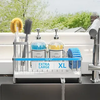 Moforoco roco Größere Version Schwammhalter für Küchenspüle, Spülbecken-Caddy mit hohem Bürstenhalter, Küchenspüle-Organizer, Arbeitsplatte, rostfrei, 304 Edelstahl (Edelstahl)