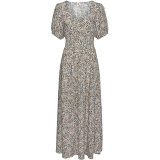Maxikleid VIVANCE "mit Blümchendruck und V-Ausschnitt", Damen, Gr. 34, N-Gr, grau (grau, bedruckt), Web, Obermaterial: 100% Viskose, geblümt, figurbetont bodenlang, tiefer V-Ausschnitt, Puffärmel mit Gummizug, Kleider Maxikleid, luftiges Sommerkleid, langes Webkleid, Druckkleid, Topseller